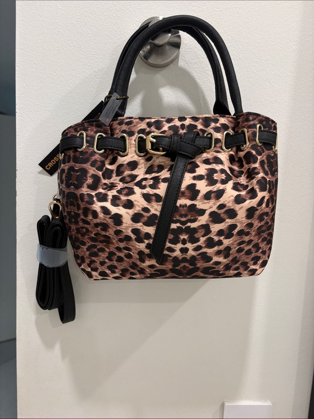 Crossbody Leopard-Print Shoulder Bag with Black Trim